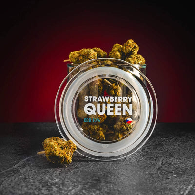 Strawberry Queen CBD цветове Kratom World, представени в продуктов кадър като качествени CBD цветове.